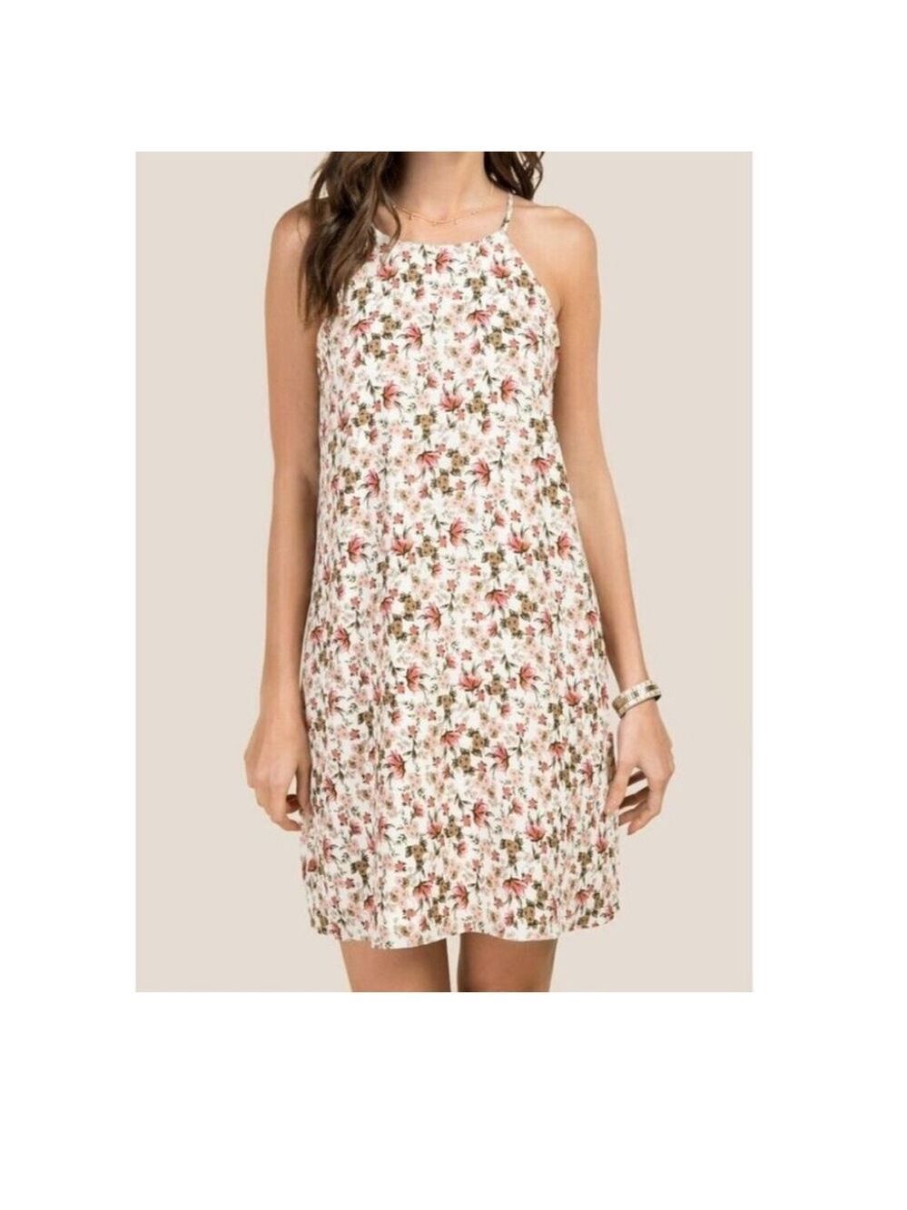 Everly Francesca’s Zoey Hi-Neck Halter Bare Shoulders Floral Mini Shift Dress M